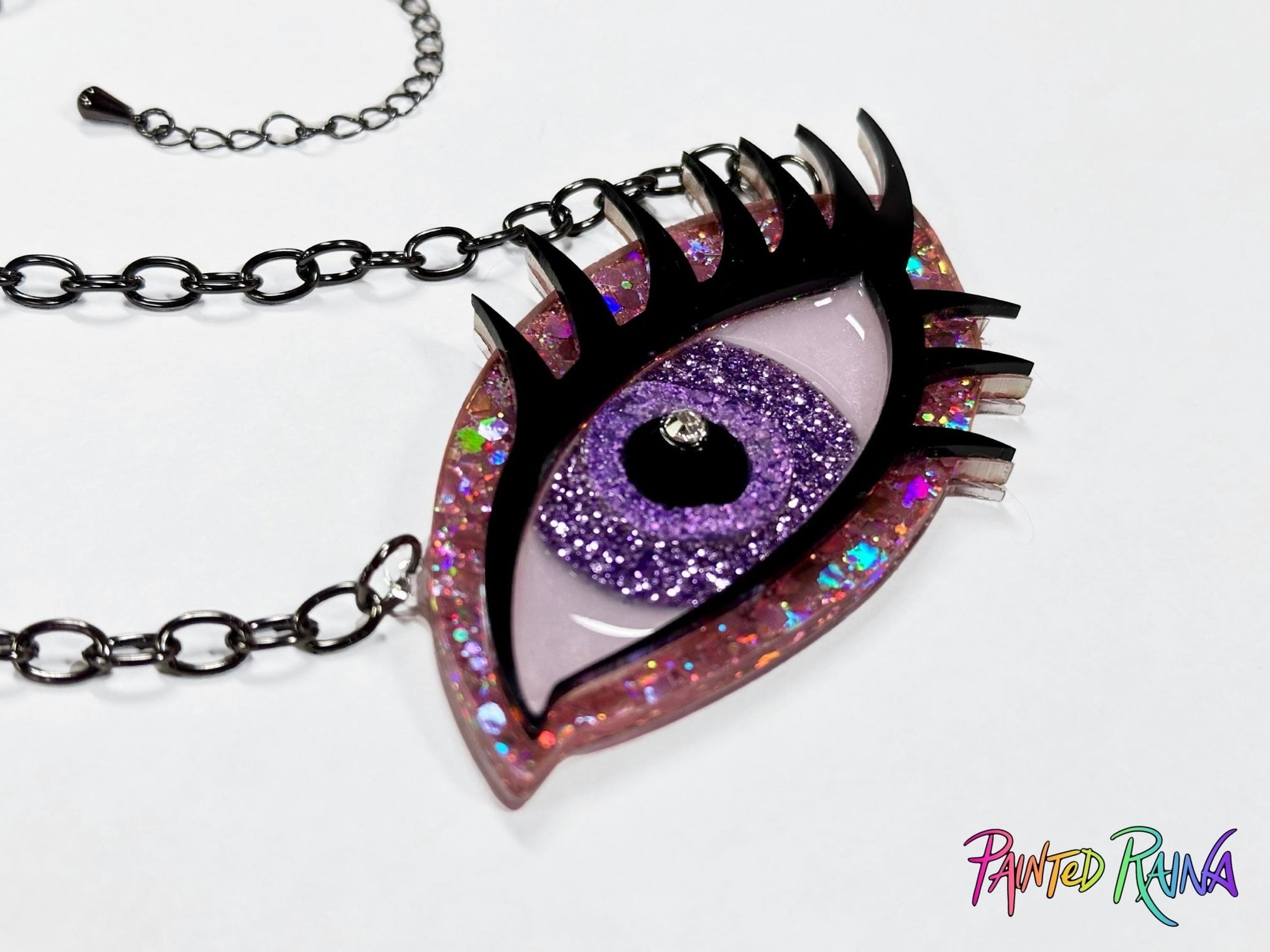 Disco Diva Eye Necklace - Purple and Pink - Painted Raina