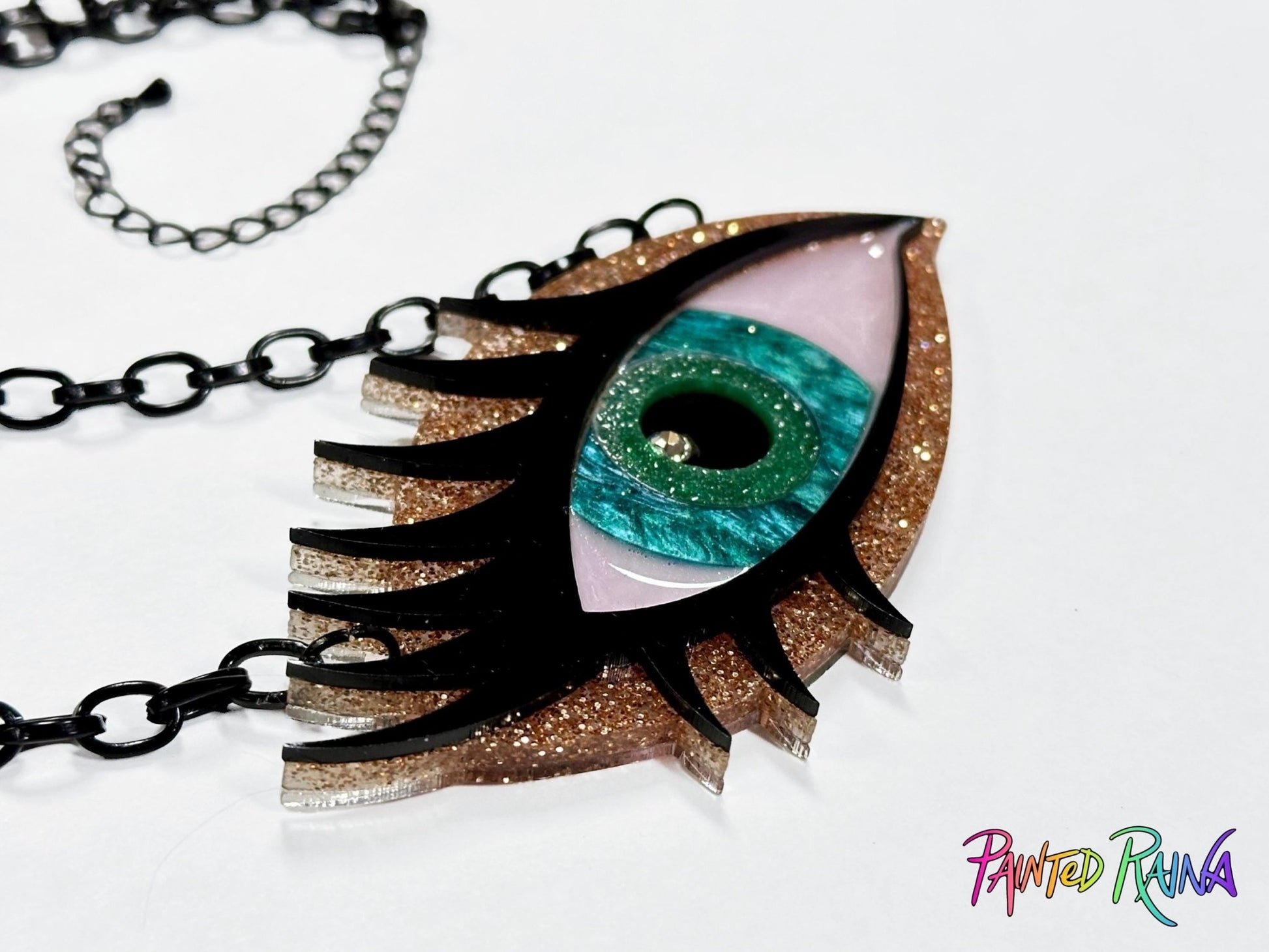 Green Goddess Eye Necklace - Emerald and Gold - Painted Raina