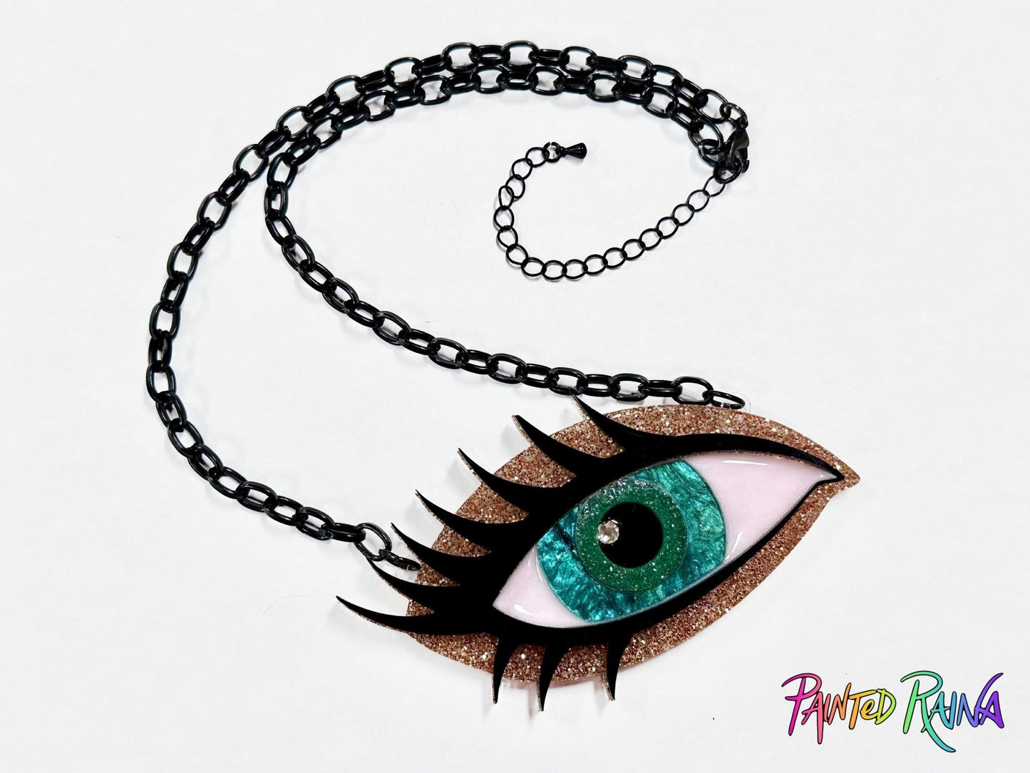 Green Goddess Eye Necklace - Emerald and Gold - Painted Raina