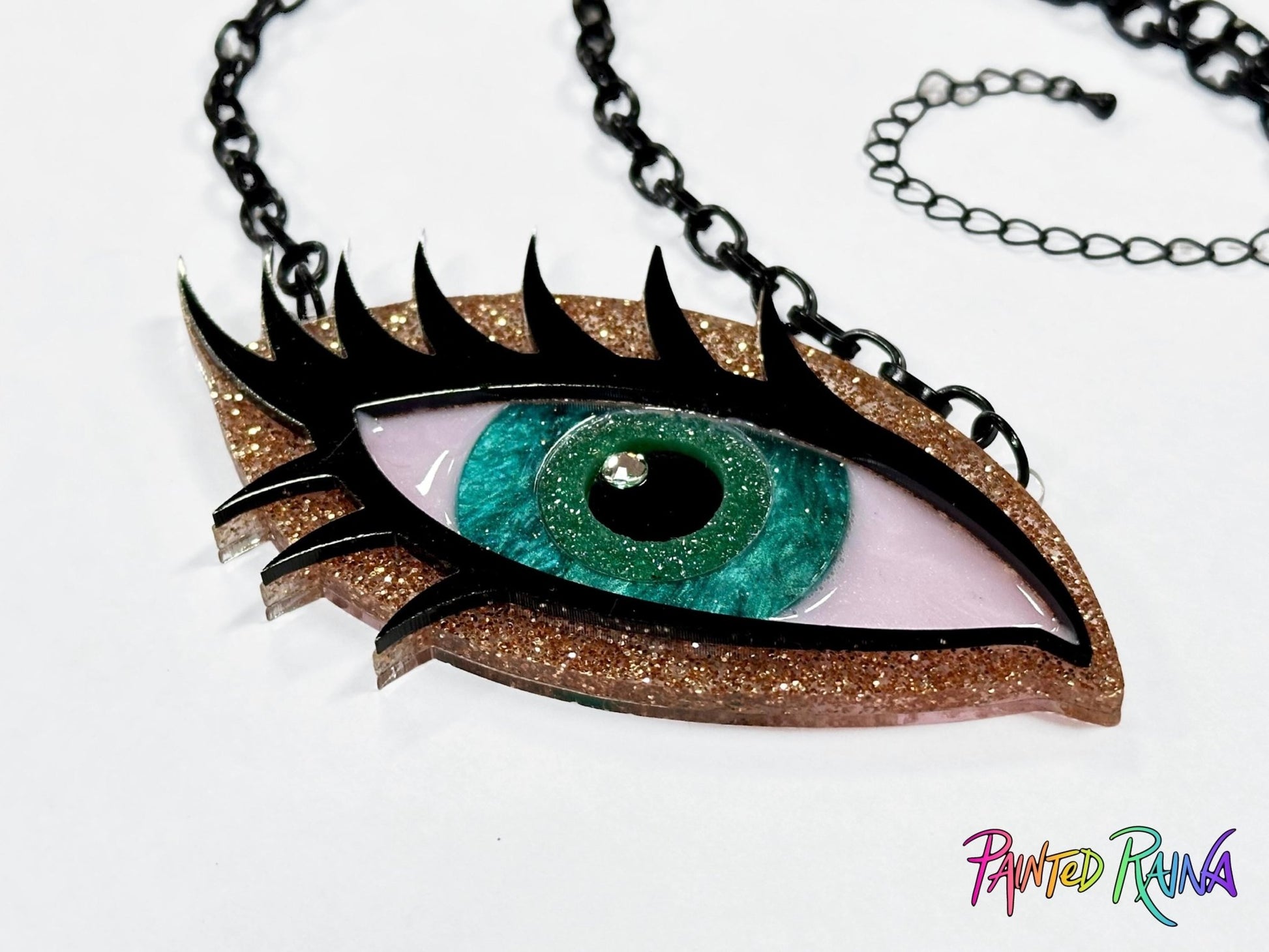 Green Goddess Eye Necklace - Emerald and Gold - Painted Raina