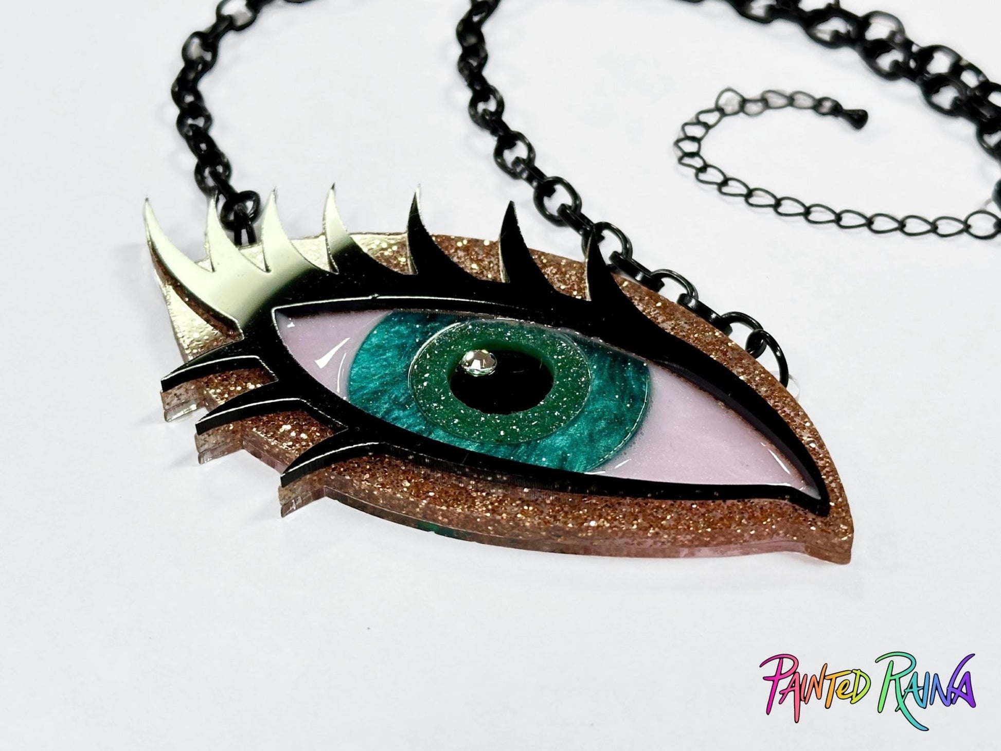 Green Goddess Eye Necklace - Emerald and Gold - Painted Raina