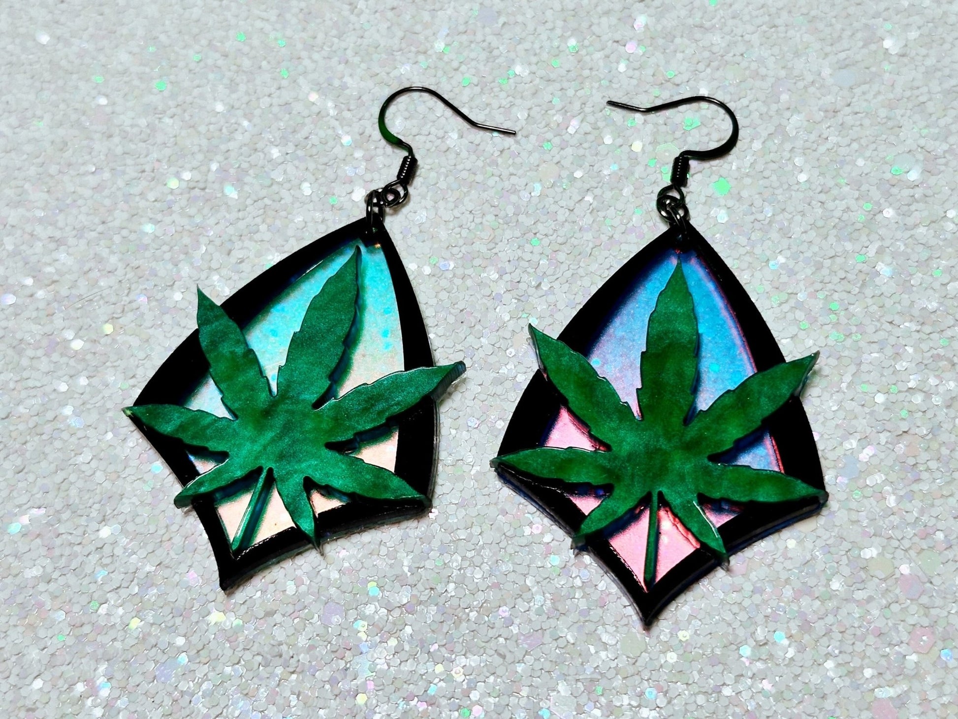 Iridescent Marijuana Leaf Earrings - Painted Raina