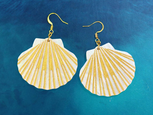 Lion's Paw Scallop Shell Earrings | White and Gold - Painted Raina