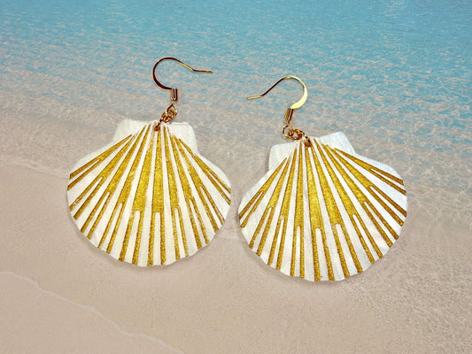 Lion's Paw Scallop Shell Earrings | White and Gold - Painted Raina