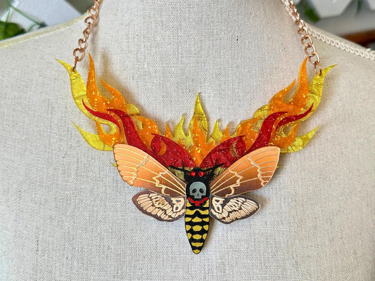 Moth to Flame Necklace | Handmade Statement Jewelry with Skull Moth & Flame Earrings Set - Painted Raina