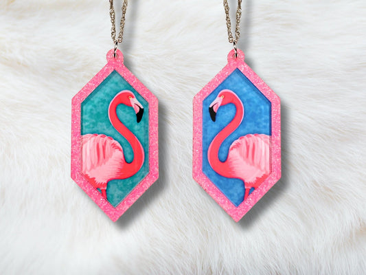 Neon Pink Flamingo Pendant Necklace - Painted Raina