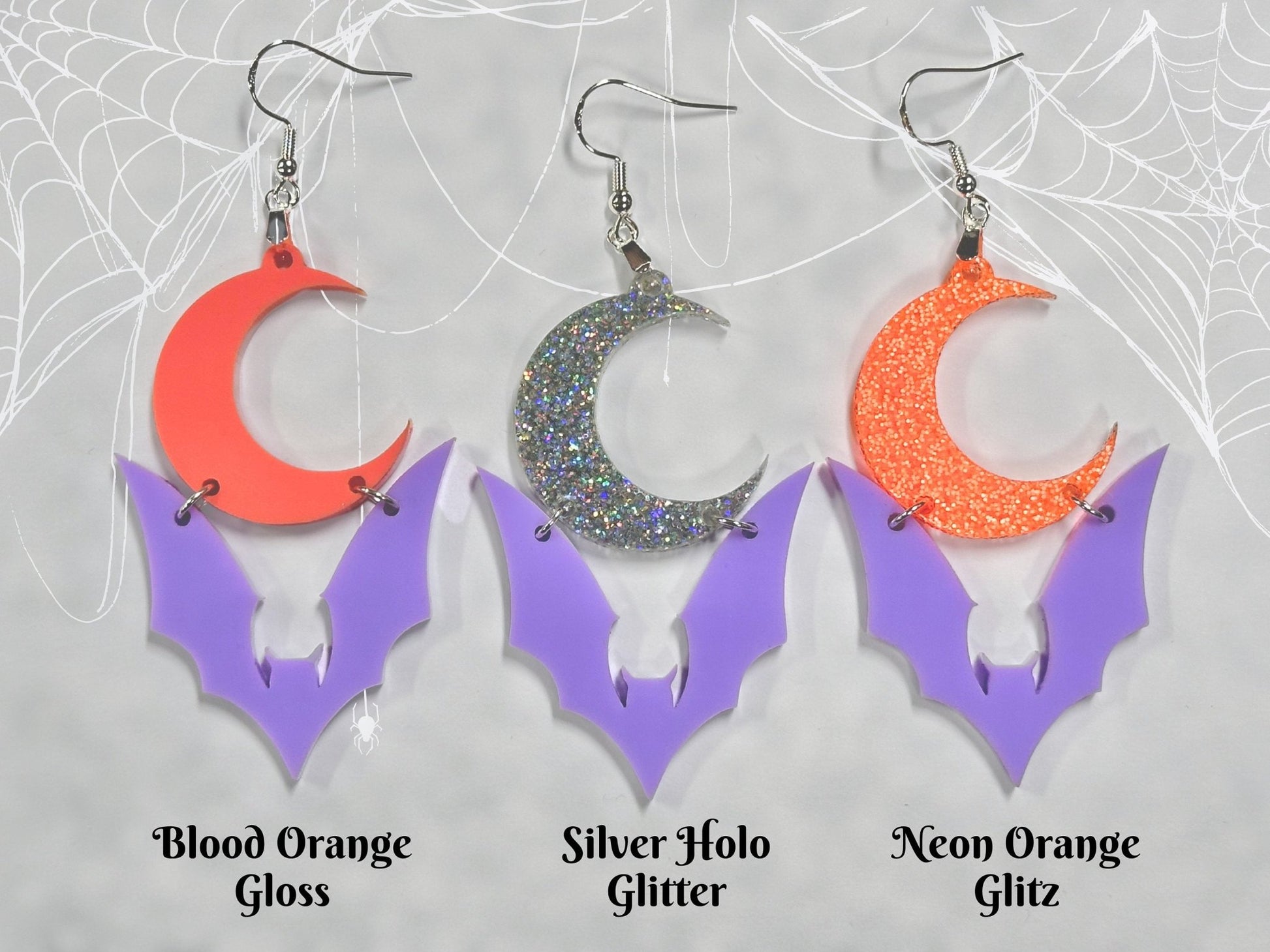 Pastel Goth Bat Earrings | Purple Halloween Crescent Moon Novelty Dangles - Painted Raina