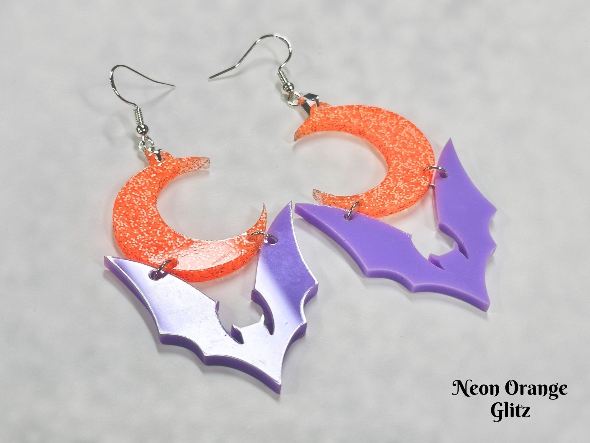 Pastel Goth Bat Earrings | Purple Halloween Crescent Moon Novelty Dangles - Painted Raina