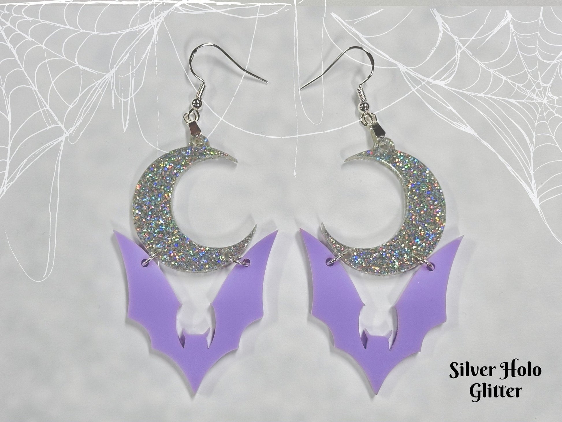 Pastel Goth Bat Earrings | Purple Halloween Crescent Moon Novelty Dangles - Painted Raina