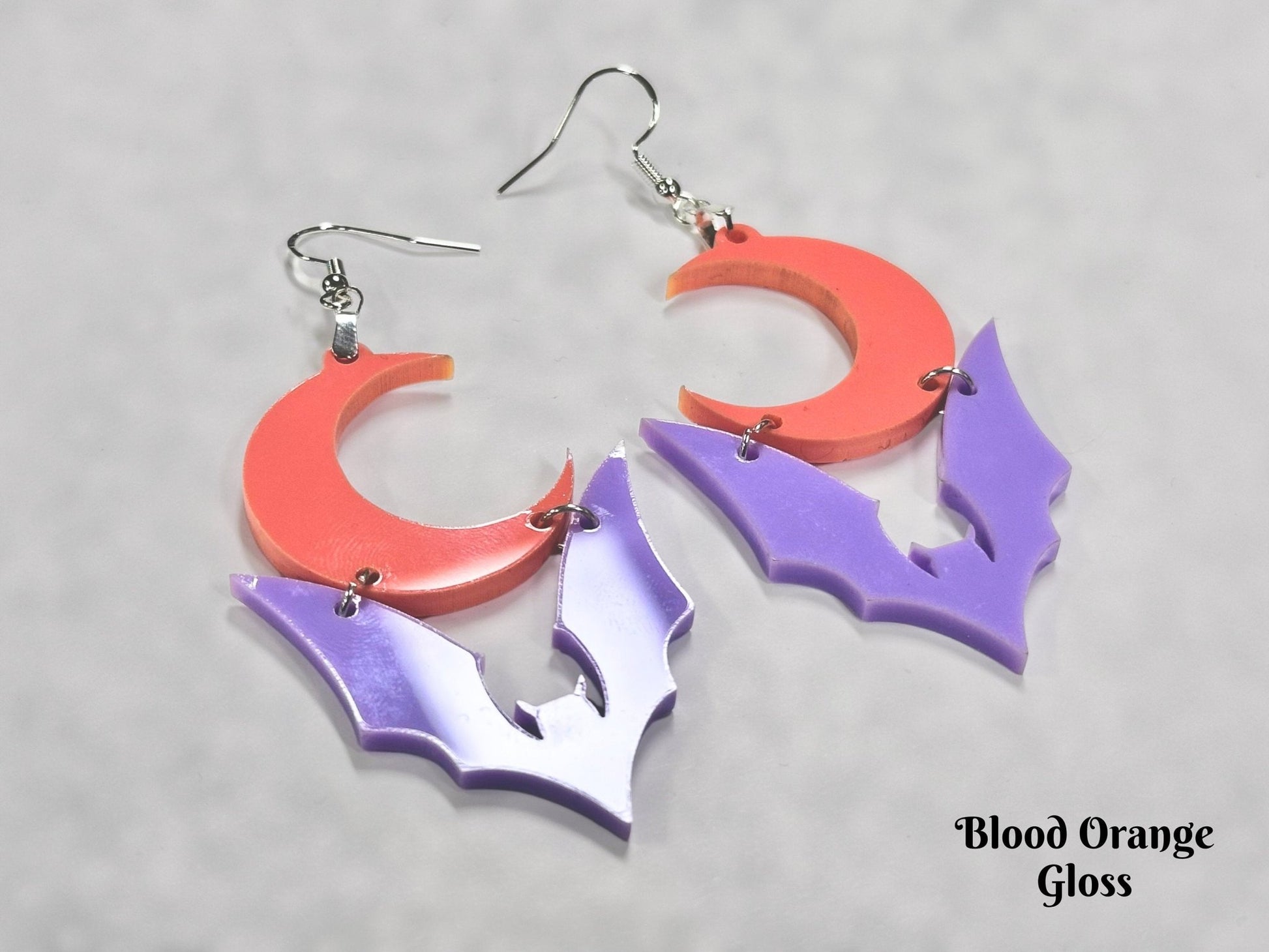 Pastel Goth Bat Earrings | Purple Halloween Crescent Moon Novelty Dangles - Painted Raina