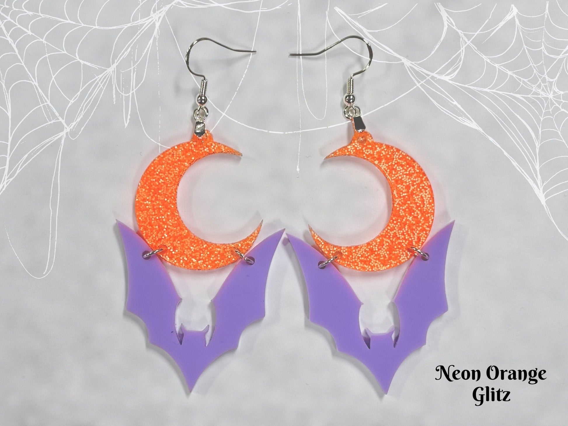 Pastel Goth Bat Earrings | Purple Halloween Crescent Moon Novelty Dangles - Painted Raina