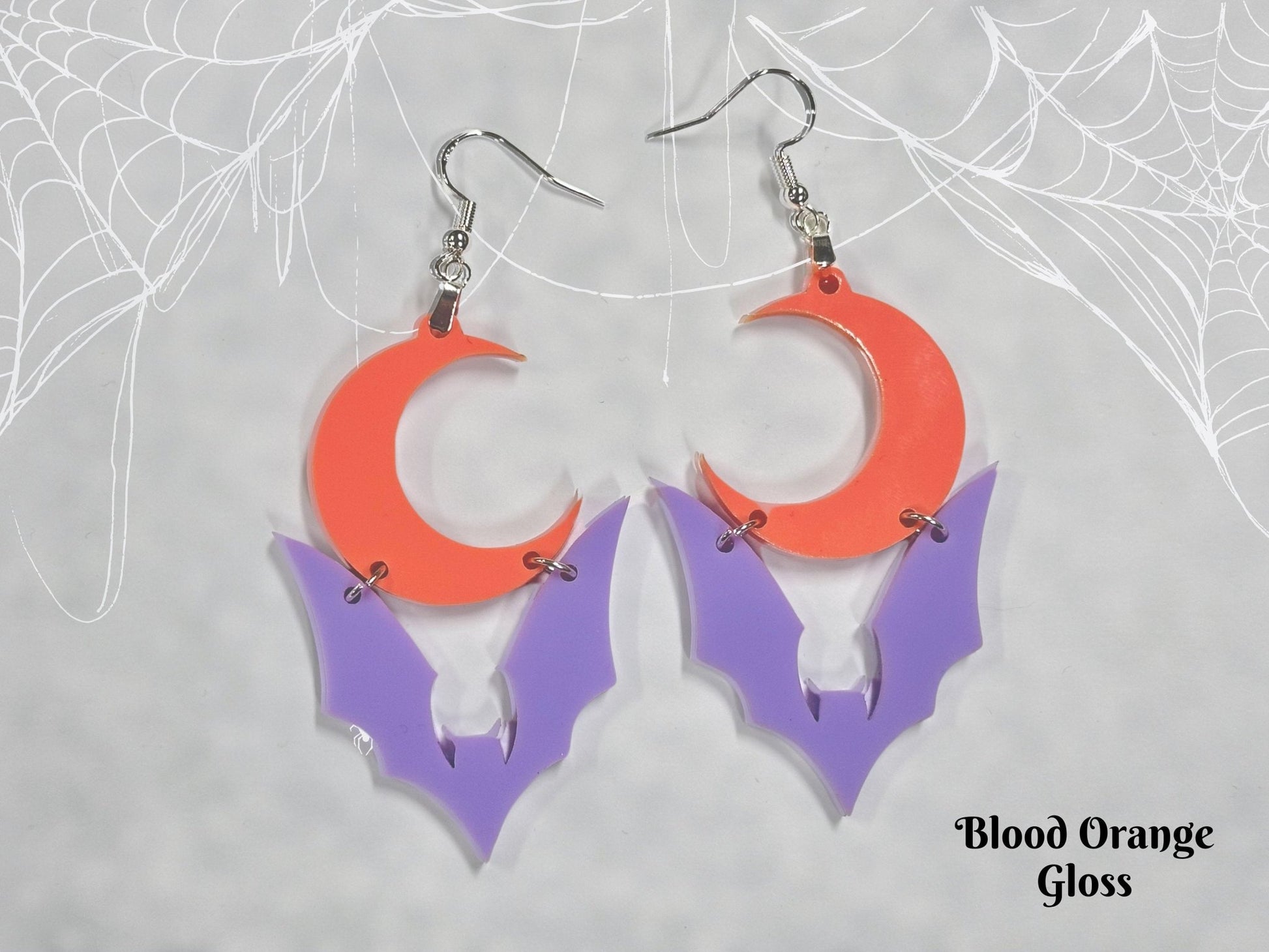 Pastel Goth Bat Earrings | Purple Halloween Crescent Moon Novelty Dangles - Painted Raina