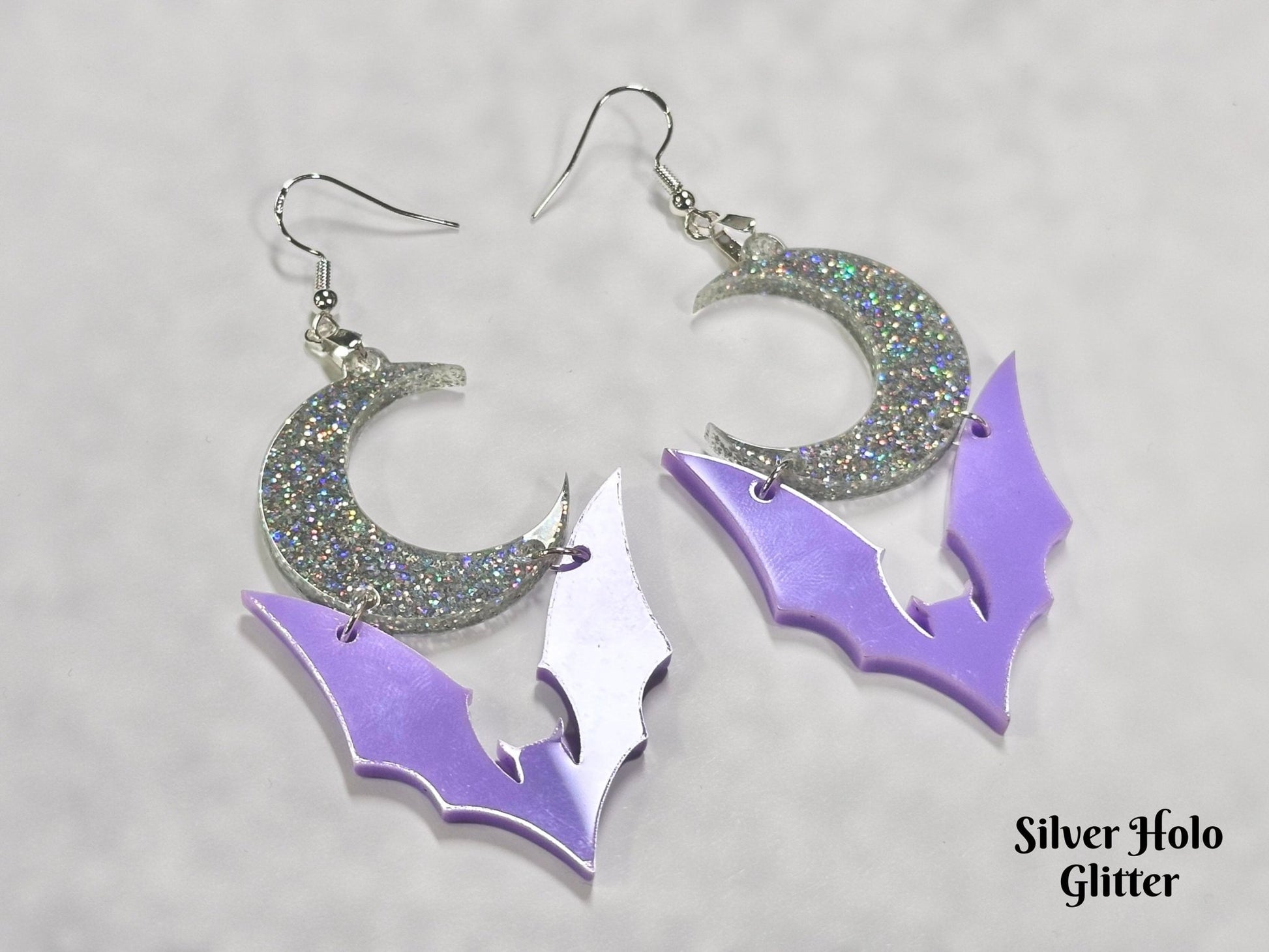 Pastel Goth Bat Earrings | Purple Halloween Crescent Moon Novelty Dangles - Painted Raina