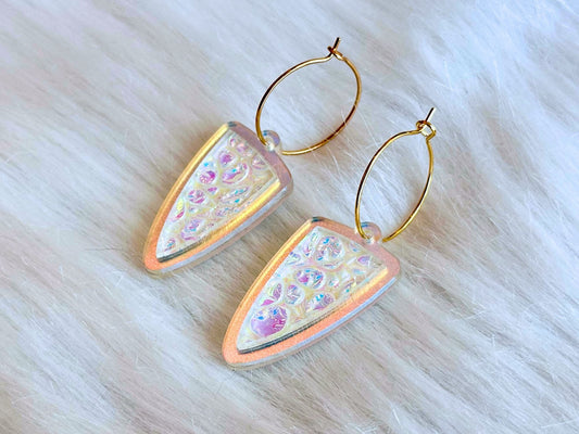 Prism Shield Earrings – Dragon Pearl Dichrolam & Iridescent Frosted Acrylic - Painted Raina