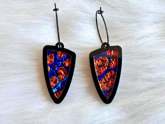 Prism Shield Earrings – Red Burl Dichrolam & Black Acrylic - Painted Raina