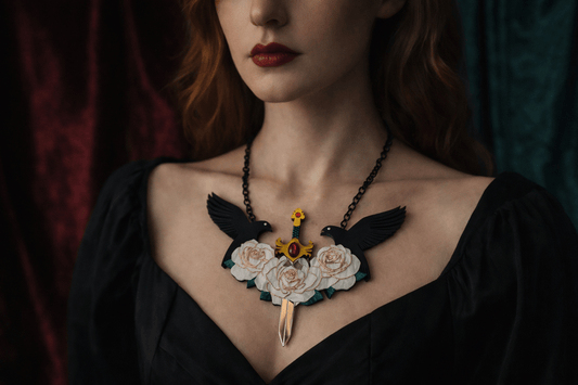 Sword & Rose Statement Necklace | Handmade, Sculptural Gothic Fantasy Art Jewelry - Painted Raina