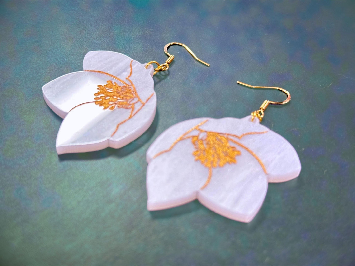 White Hellebore Flower Earrings - Painted Raina