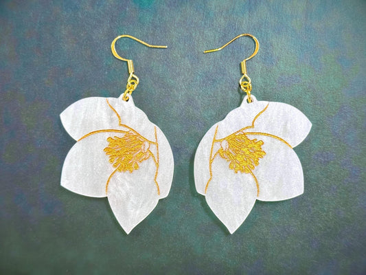 White Hellebore Flower Earrings - Painted Raina
