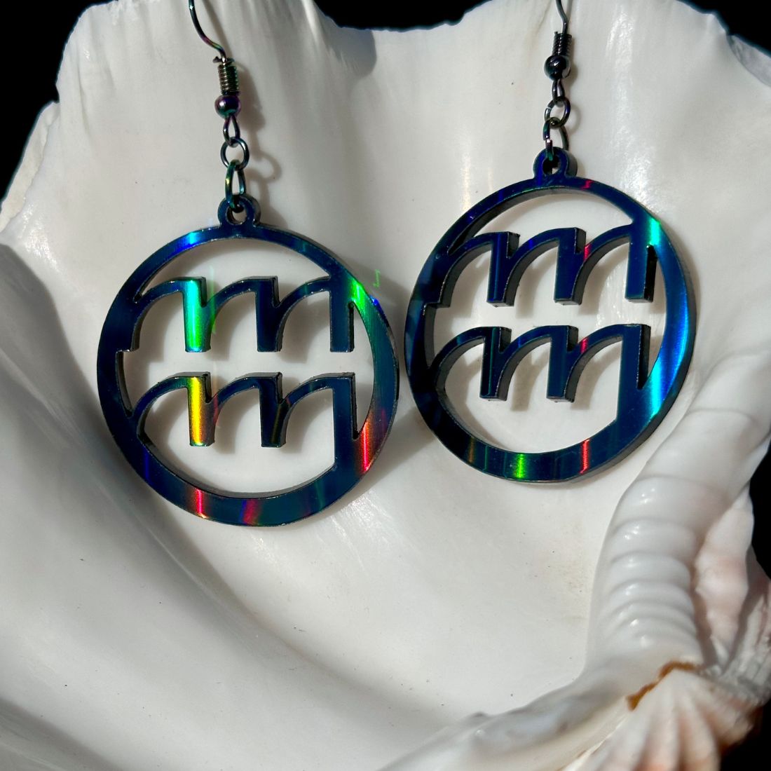 Aquarius Zodiac Sign Earrings - Black Rainbow Holographic - Driftless Enchantments