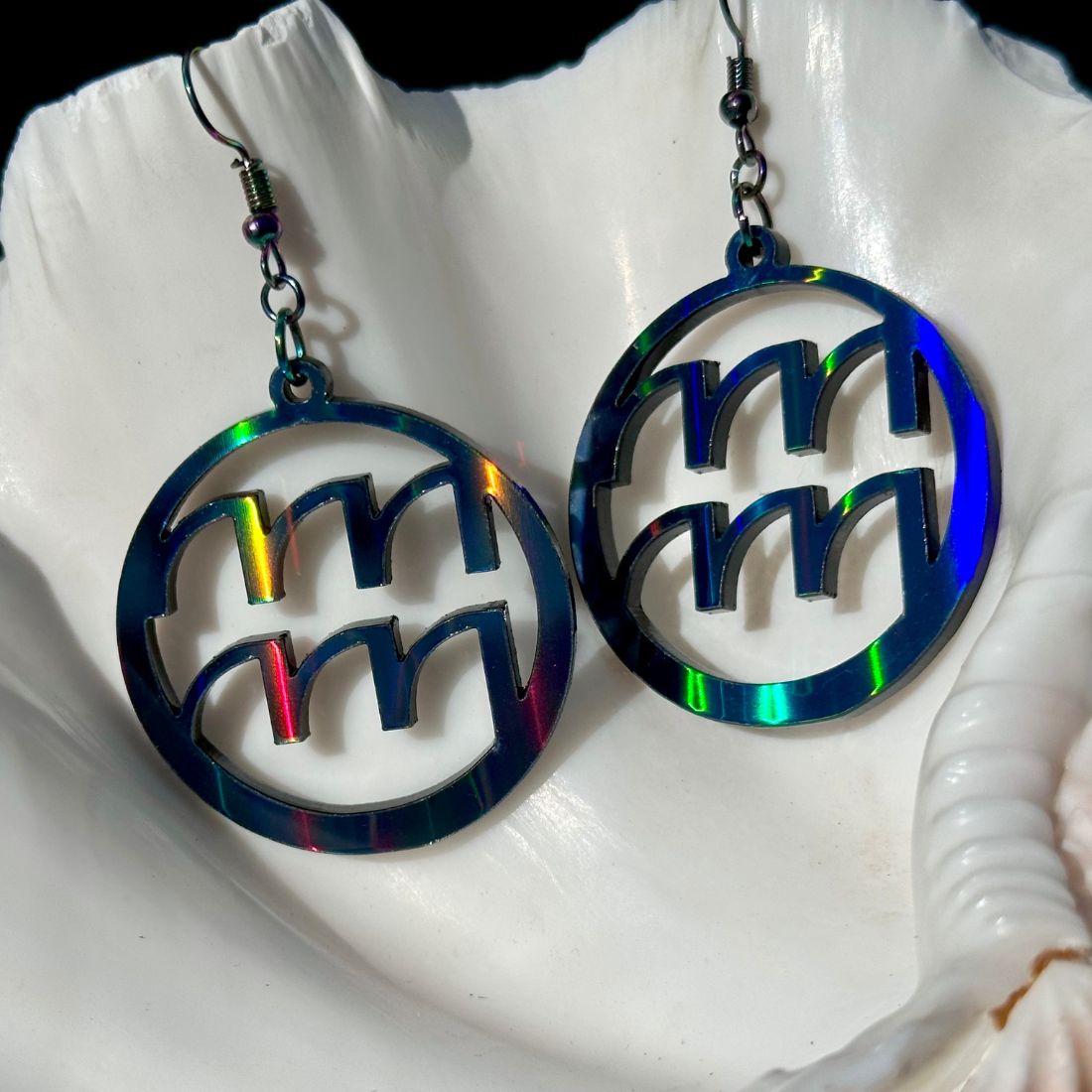 Aquarius Zodiac Sign Earrings - Black Rainbow Holographic - Driftless Enchantments