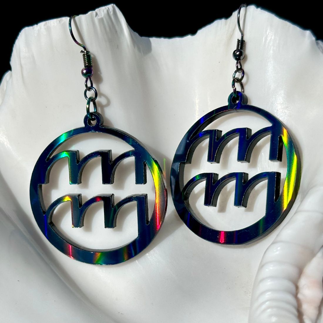Aquarius Zodiac Sign Earrings - Black Rainbow Holographic - Driftless Enchantments