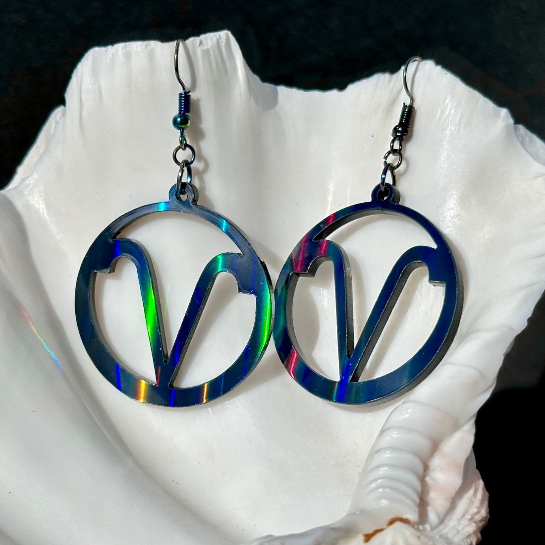 Aries Zodiac Sign Earrings - Black Rainbow Holographic - Driftless Enchantments