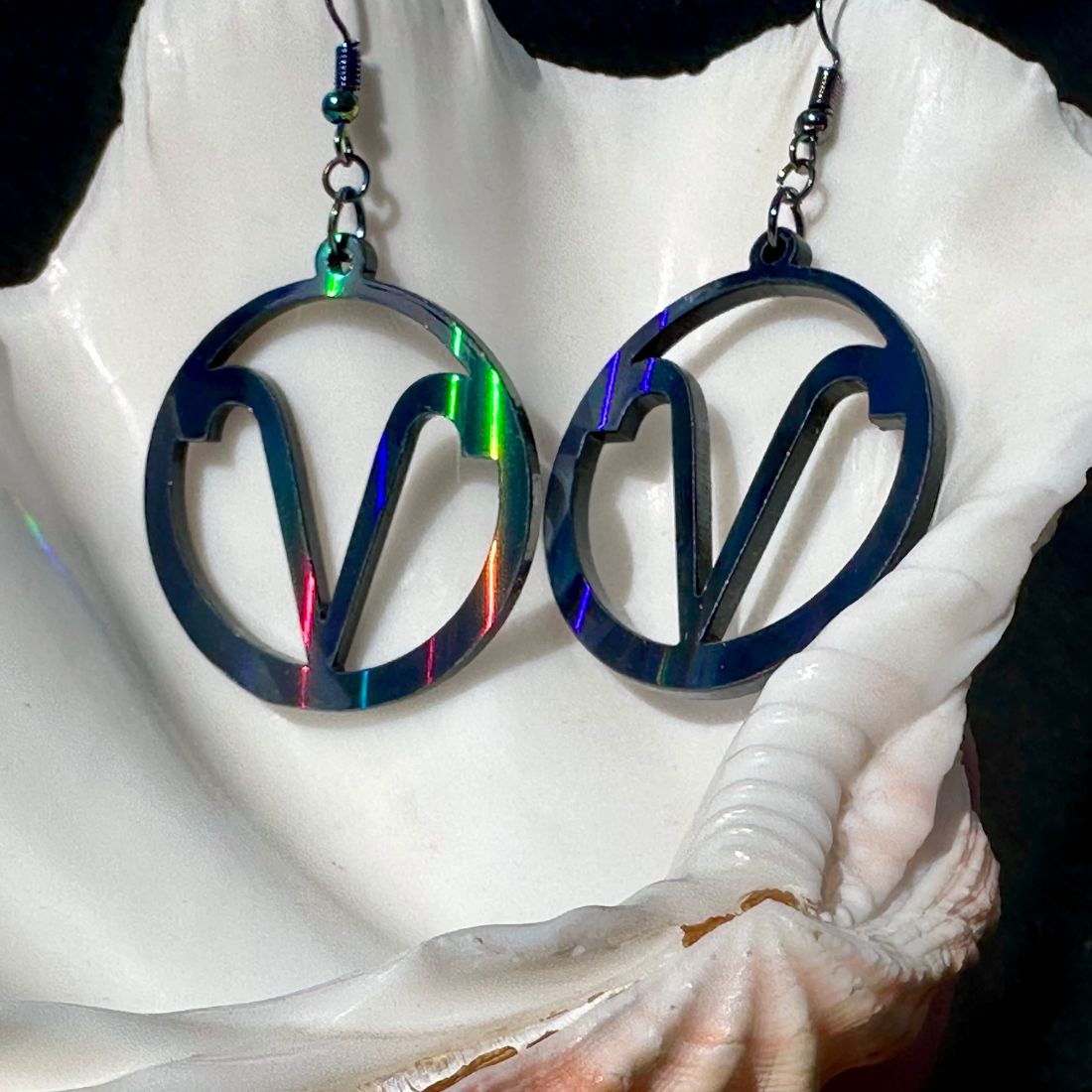 Aries Zodiac Sign Earrings - Black Rainbow Holographic - Driftless Enchantments