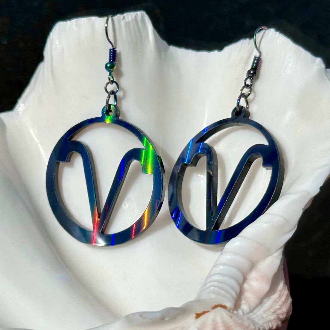 Aries Zodiac Sign Earrings - Black Rainbow Holographic - Driftless Enchantments