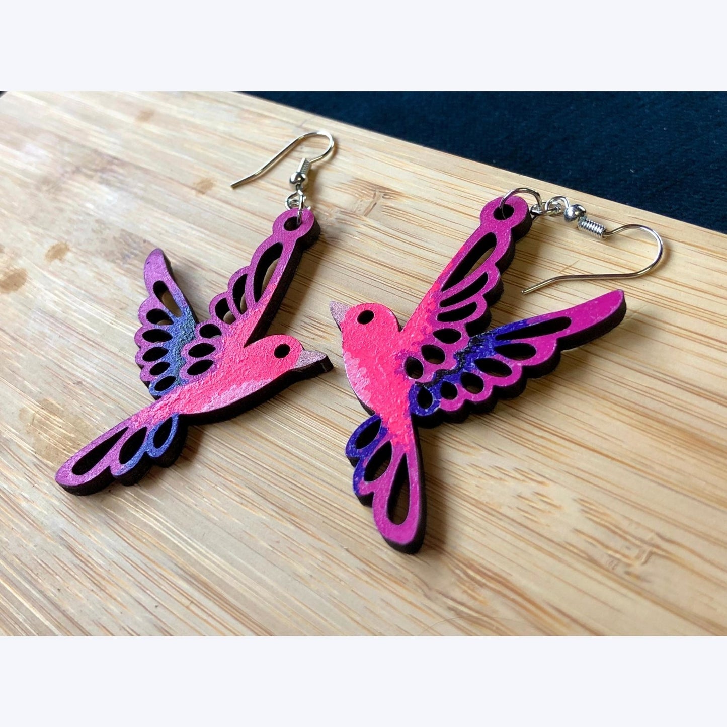 Barbie Bird - Hand-Painted Wood Earrings - Driftless Enchantments