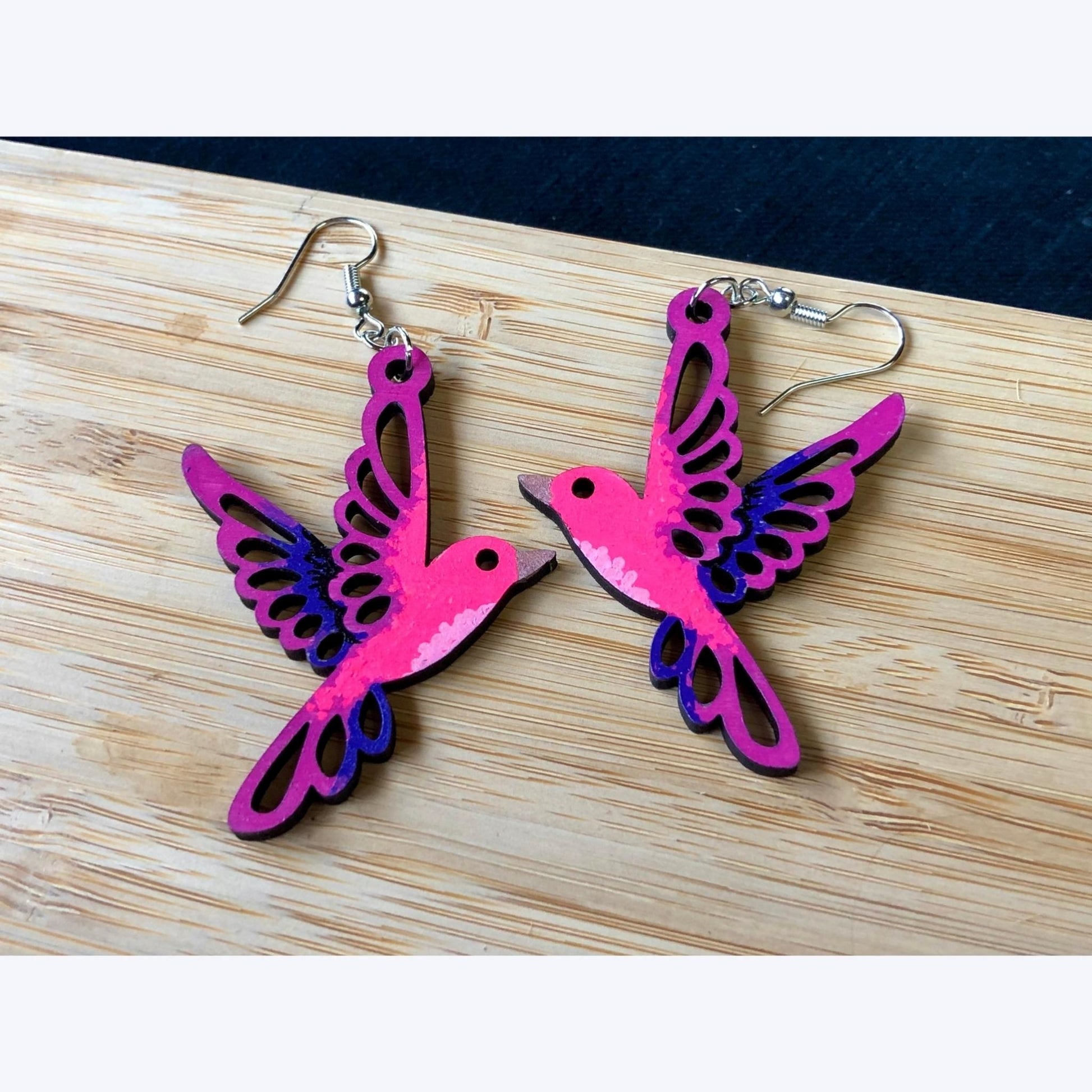 Barbie Bird - Hand-Painted Wood Earrings - Driftless Enchantments