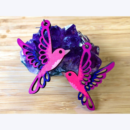 Barbie Bird - Hand-Painted Wood Earrings - Driftless Enchantments