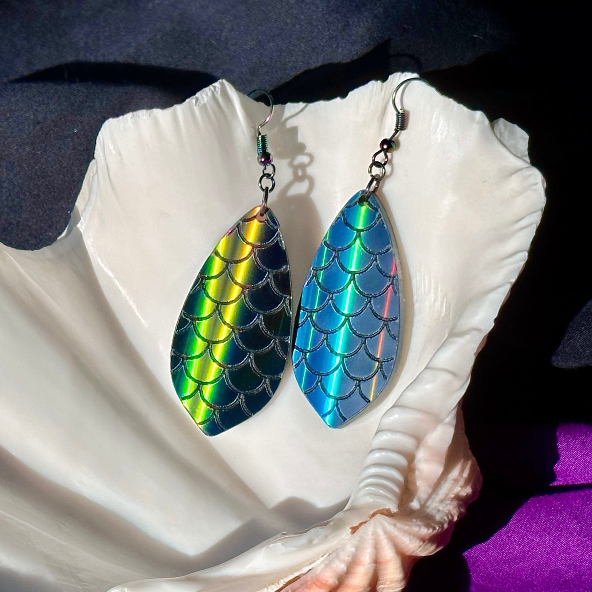 Black Rainbow Holographic Mermaid Scales Earrings - Driftless Enchantments