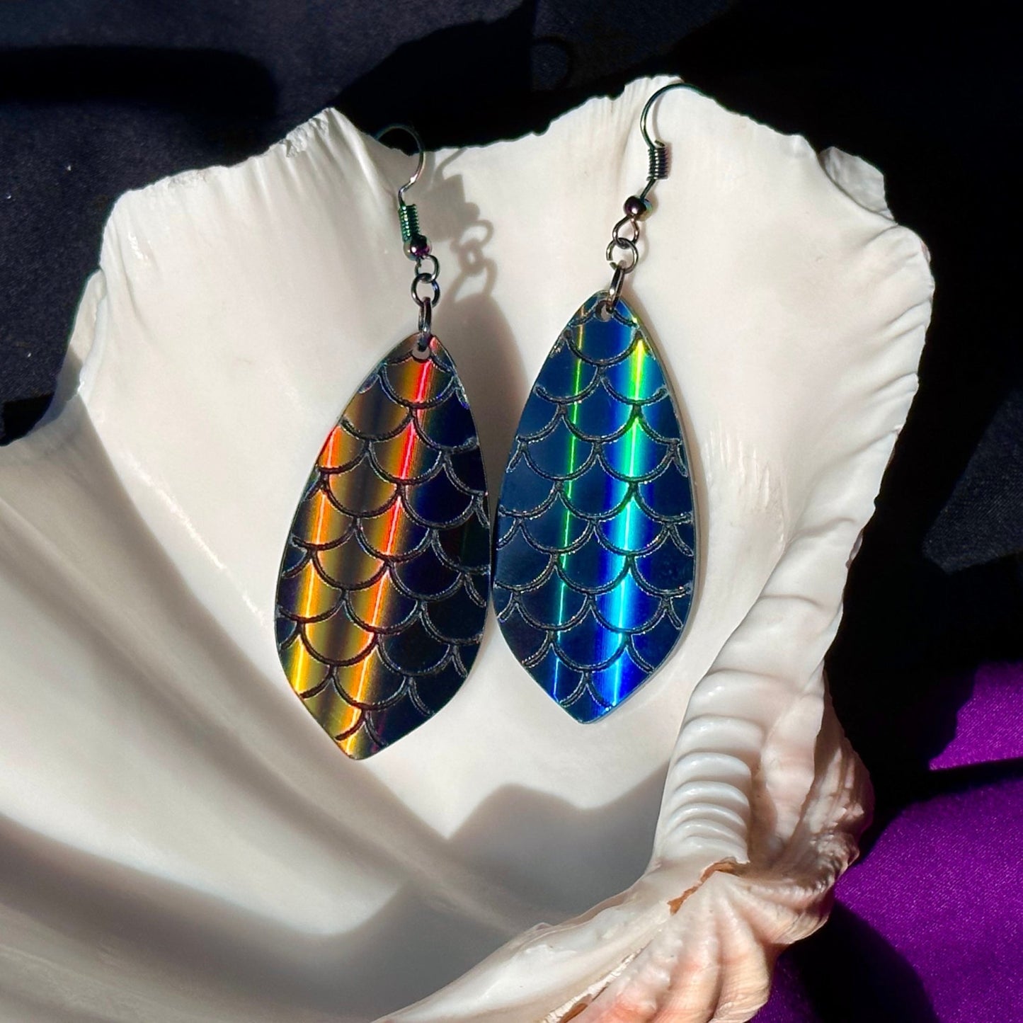Black Rainbow Holographic Mermaid Scales Earrings - Driftless Enchantments
