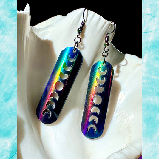 Black Rainbow Holographic Minimalist Moon Phase Earrings - Driftless Enchantments