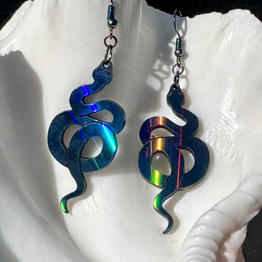 Black Rainbow Holographic Snake Earrings - Driftless Enchantments