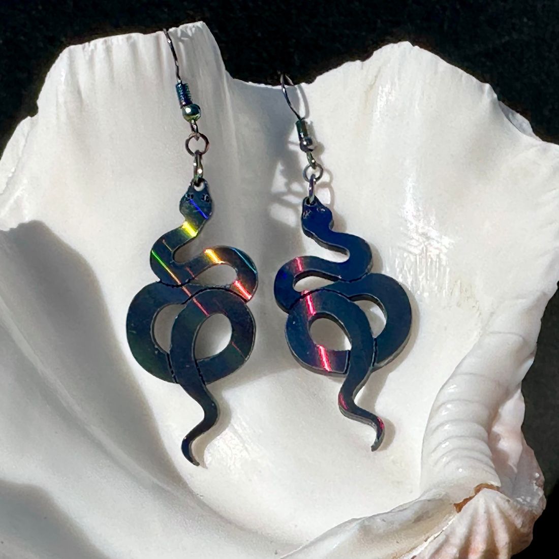Black Rainbow Holographic Snake Earrings - Driftless Enchantments