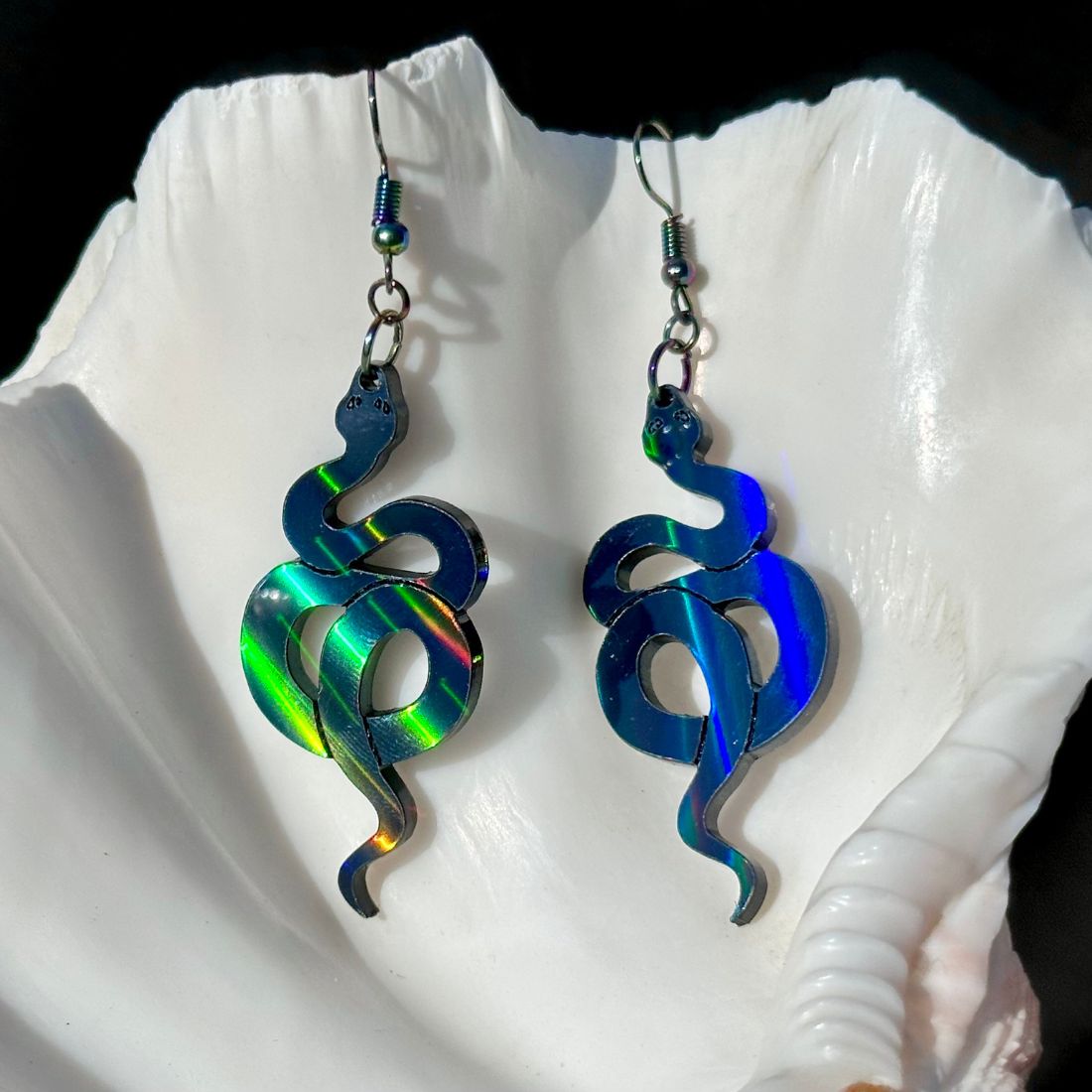 Black Rainbow Holographic Snake Earrings - Driftless Enchantments