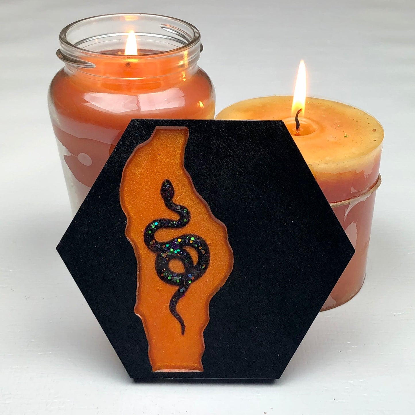 Bonfire Glitter Snake - Wood & Resin Coaster - Driftless Enchantments
