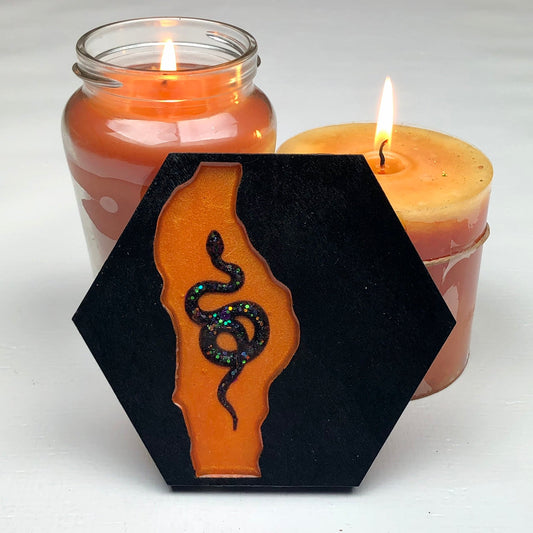 Bonfire Glitter Snake - Wood & Resin Coaster - Driftless Enchantments