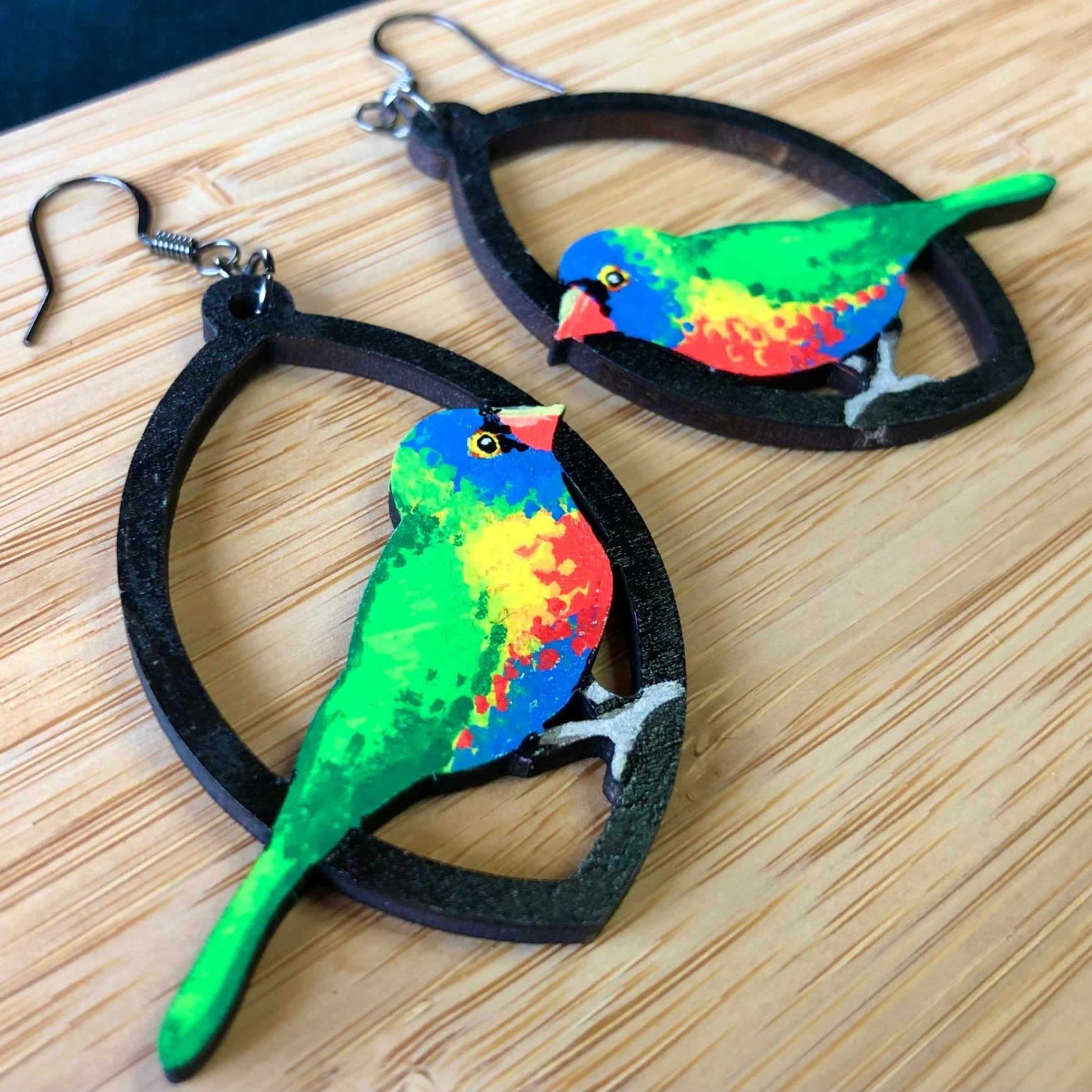 Bright, Bright Birdie - Hand-Painted Wood Earrings - Driftless Enchantments