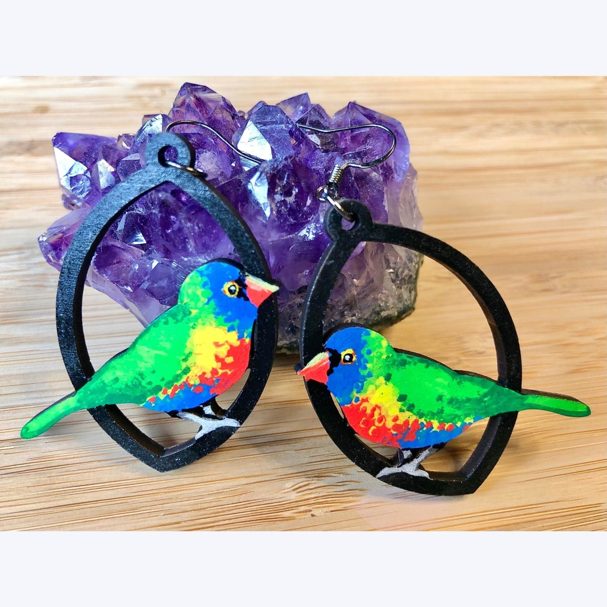 Bright, Bright Birdie - Hand-Painted Wood Earrings - Driftless Enchantments