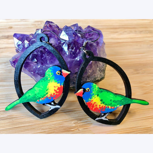 Bright, Bright Birdie - Hand-Painted Wood Earrings - Driftless Enchantments