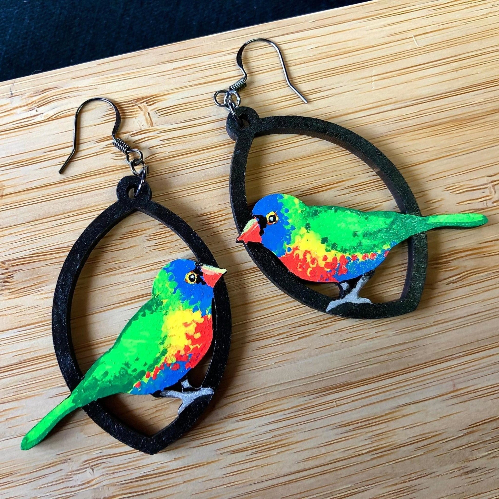 Bright, Bright Birdie - Hand-Painted Wood Earrings - Driftless Enchantments