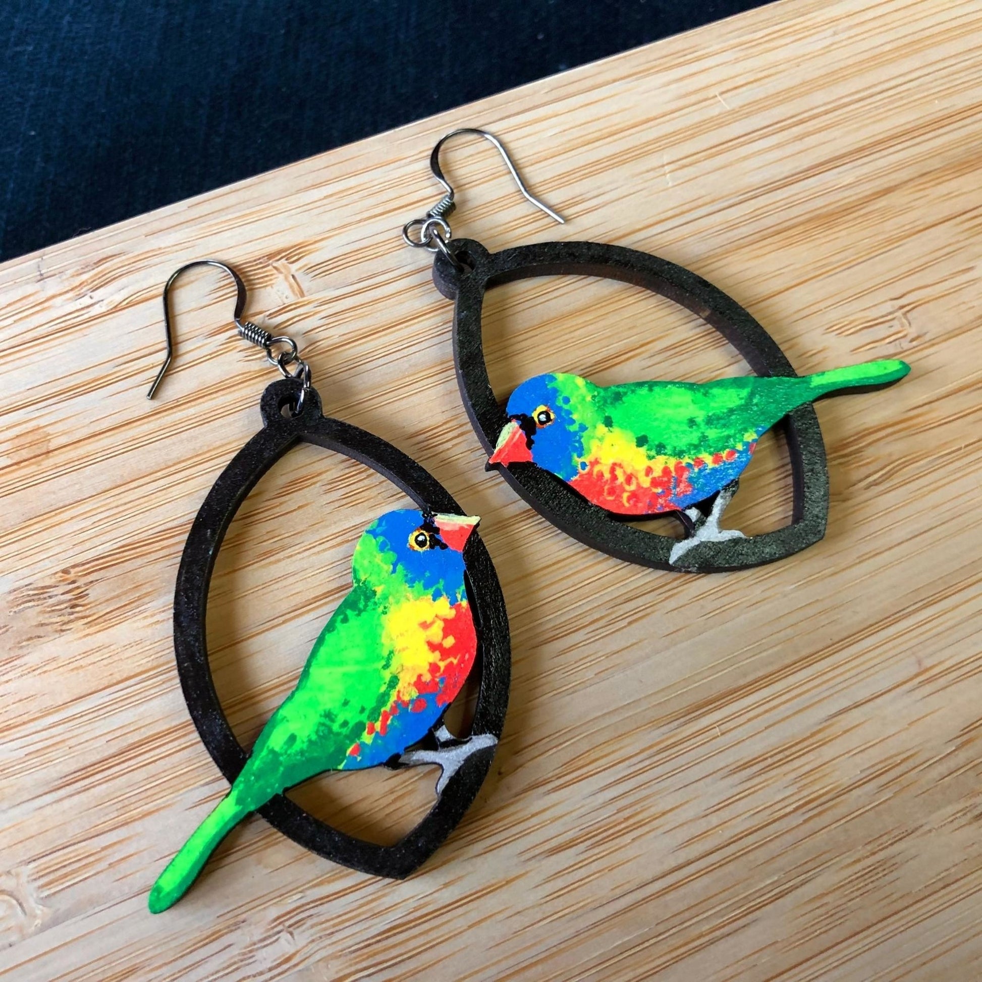 Bright, Bright Birdie - Hand-Painted Wood Earrings - Driftless Enchantments