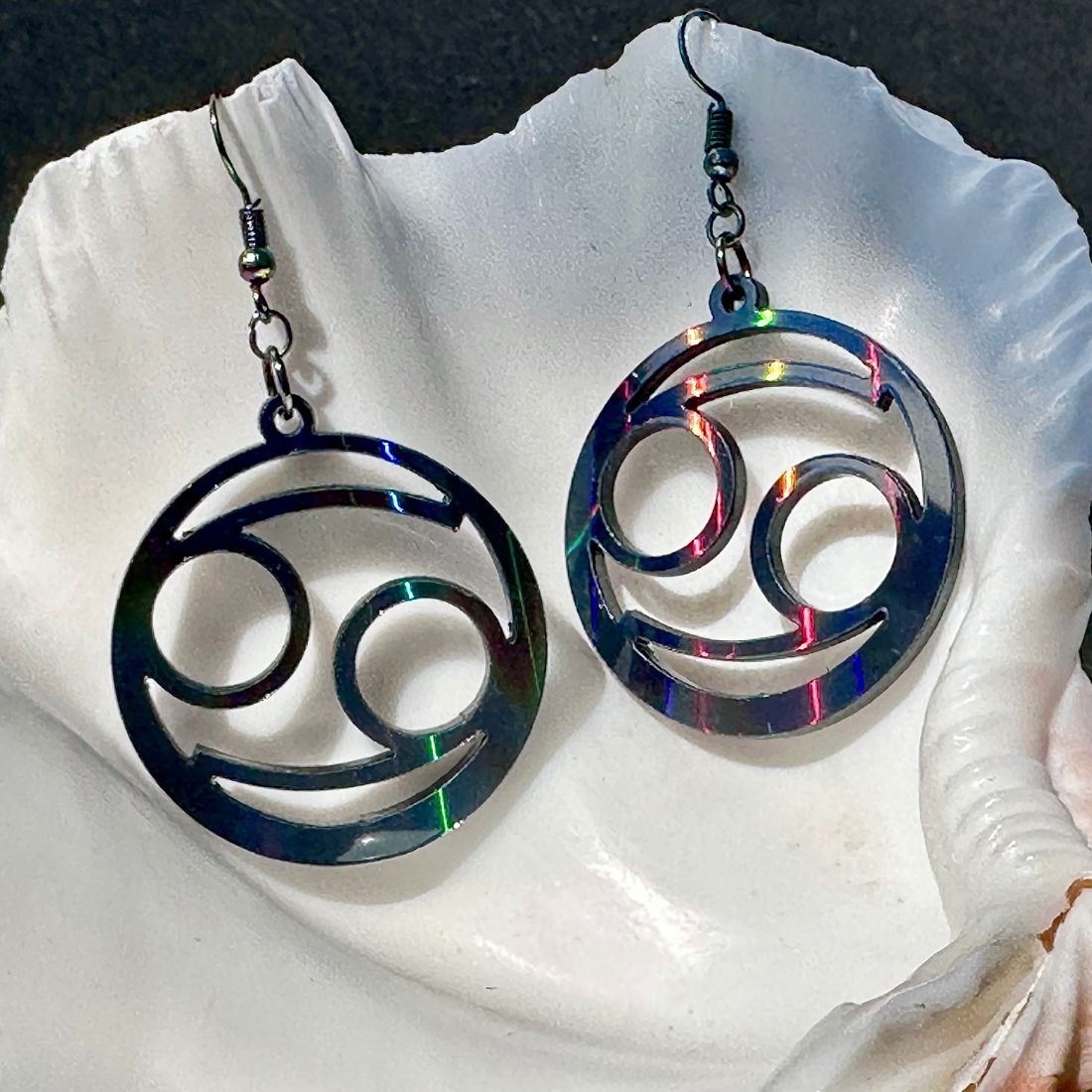 Cancer Zodiac Sign Earrings - Black Rainbow Holographic - Driftless Enchantments