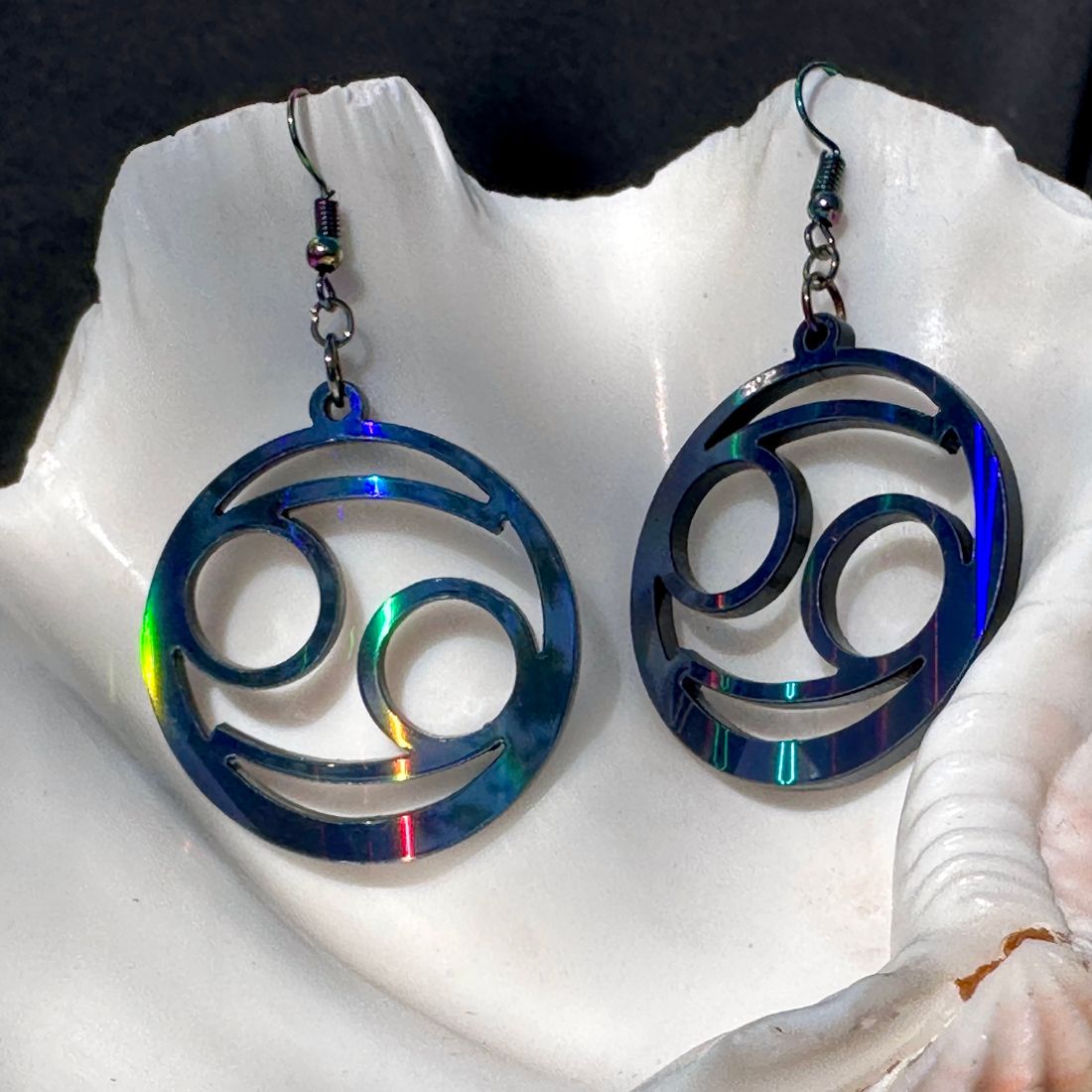 Cancer Zodiac Sign Earrings - Black Rainbow Holographic - Driftless Enchantments