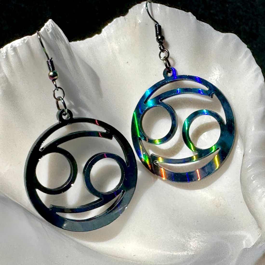 Cancer Zodiac Sign Earrings - Black Rainbow Holographic - Driftless Enchantments