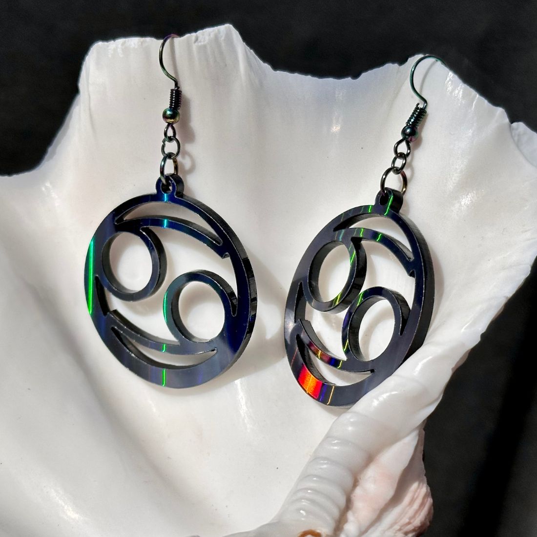 Cancer Zodiac Sign Earrings - Black Rainbow Holographic - Driftless Enchantments