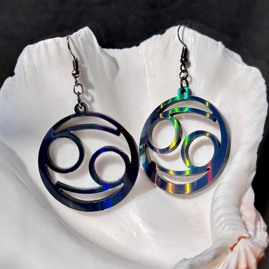 Cancer Zodiac Sign Earrings - Black Rainbow Holographic - Driftless Enchantments