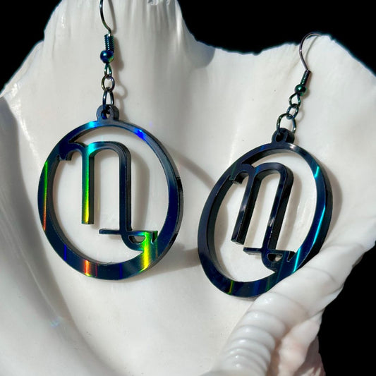 Capricorn Zodiac Sign Earrings - Black Rainbow Holographic - Driftless Enchantments